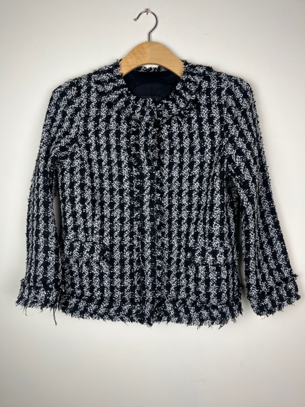 Ann Taylor Black and White Tweed Fringe Jacket With Pockets and Snaps